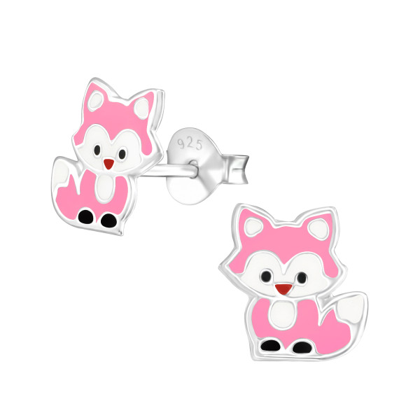 Pink Róka gyermek bedugós fülbevaló 925 ezüst - 1 pár, epoxy, fekete, light rózsaszín, fehér, piros
