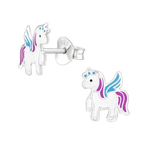Lila Kék Unikornis gyermek bedugós fülbevaló 925 ezüst - 1 pár, epoxy
