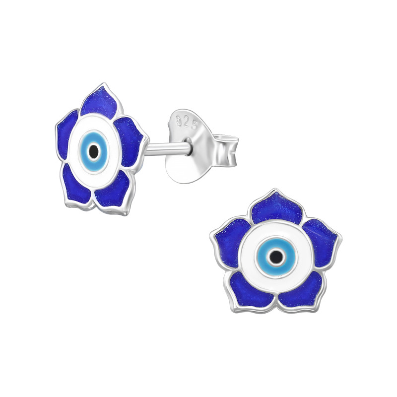 Kék Virág gyermek bedugós fülbevaló 925 ezüst - 1 pár, epoxy, fekete, dk.blue, fehér,