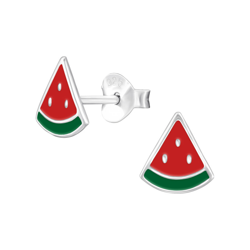 Dinnye gyermek bedugós fülbevaló 925 ezüst - 1 pár, epoxy, sötétzöld, piros