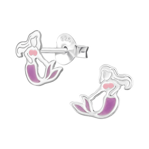Sellő lány gyermek bedugós fülbevaló 925 ezüst - 1 pár, epoxy, rózsaszín, lila