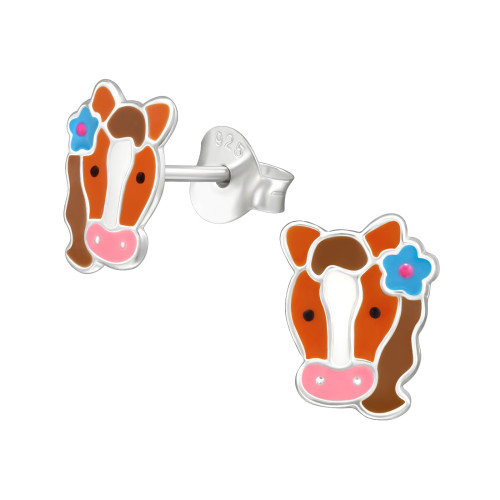 Ló Fej gyermek bedugós fülbevaló 925 ezüst - 1 pár, epoxy, fehér, fekete, narancs, barna, light rózsaszín, kék