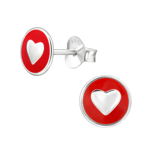 Kerek piros szív gyermek bedugós fülbevaló 925 ezüst - 1 pár, epoxy,