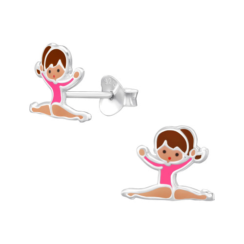 Tornászlány,pink ezüst gyerek fülbevaló, epoxy, piros, fekete, sötét rózsaszín, sötétbarna, barna