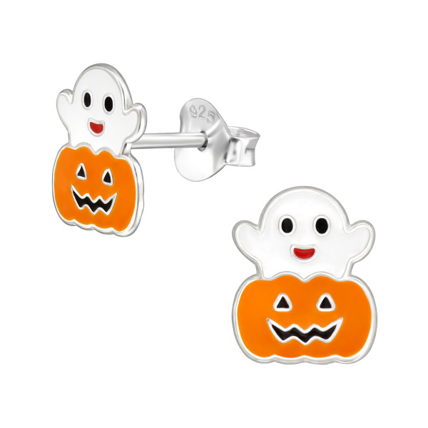 Halloweeni szellem ezüst gyerek fülbevaló, epoxy, fekete, fehér, piros, narancs