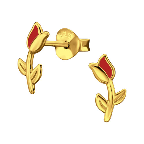 Tulipán aranyozott ezüst gyerek fülbevaló, epoxy, 24k arany bevonat, piros