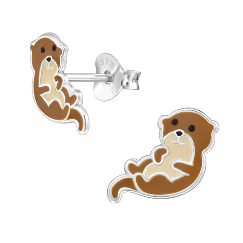 Vidra ezüst gyerek fülbevaló, epoxy, fekete, krém, barna