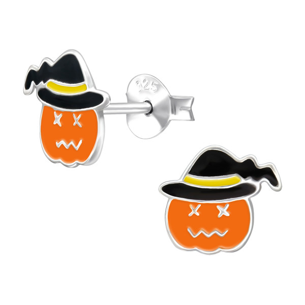 Halloweeni tök színes stift gyermek fülbevaló, 925 ezüst, 1 pár, epoxy, fekete, sárga, narancs