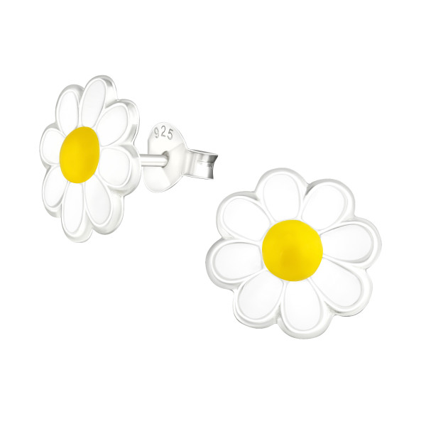 Kamilla virágos színes stift gyermek fülbevaló, 925 ezüst, 1 pár, epoxy, fehér, sárga