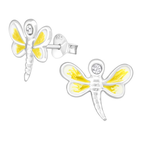 Szitakötő színes stift gyermek fülbevaló, 925 ezüst, 1 pár, epoxy, fehér, sárga, kristály köves