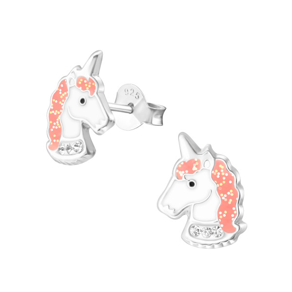 Csillámos egyszarvú fej színes stift gyermek fülbevaló, 925 ezüst, 1 pár, epoxy, fekete, fehér, világos rózsaszín csillogás, kristály köves