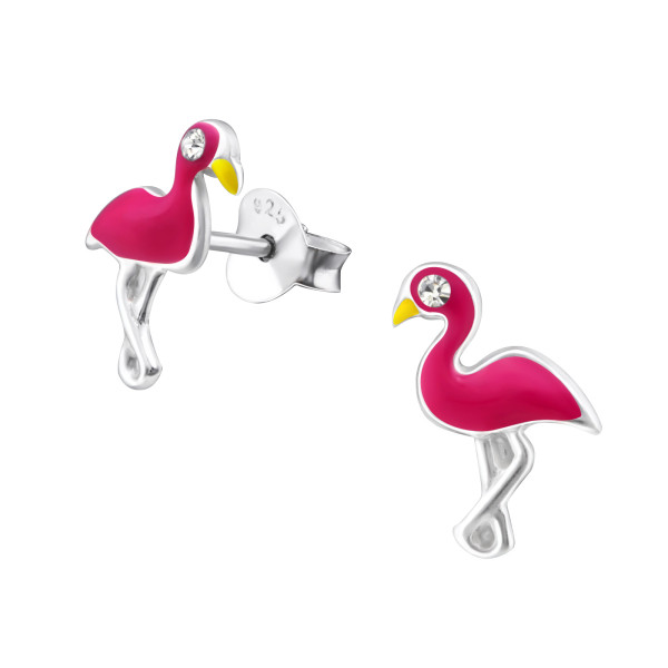 Flamingó színes stift gyermek fülbevaló, 925 ezüst, 1 pár, epoxy, rózsaszín, sárga, kristály köves