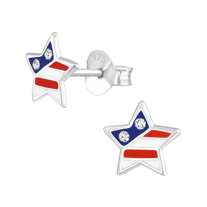 Usa zászló csillag színes stift gyermek fülbevaló, 925 ezüst, 1 pár, epoxy, kék, sokszínű, fehér, piros, kristály köves