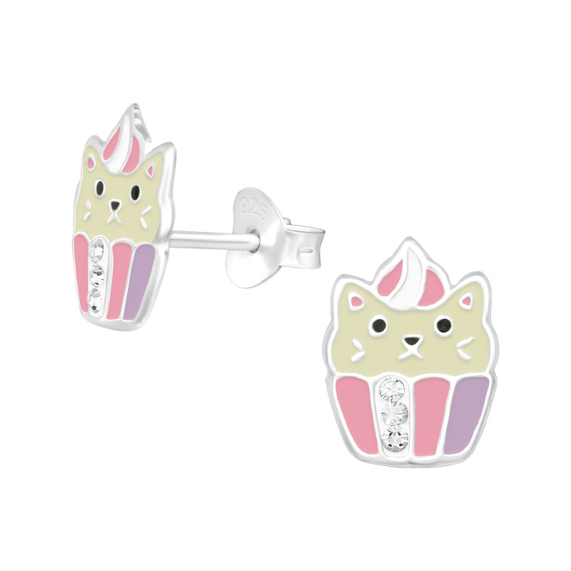 Cica cupcake színes stift gyermek fülbevaló, 925 ezüst, 1 pár, epoxy, fehér, fekete, világos lila, rózsaszín, krém, kristály köves