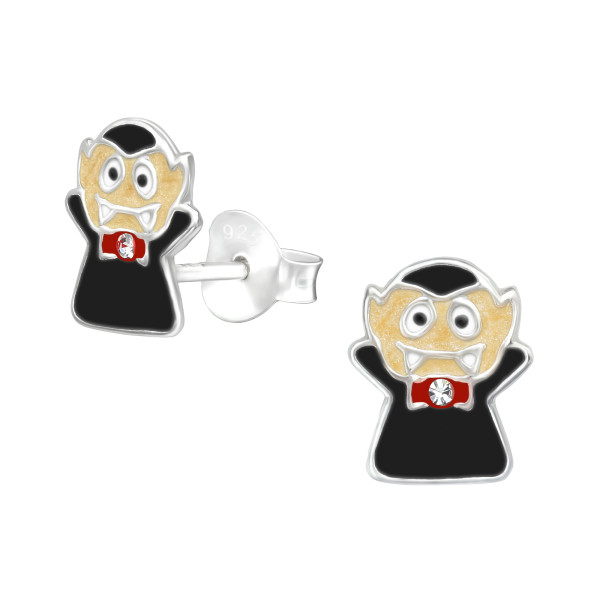 Vámpír halloweeni színes stift gyermek fülbevaló, 925 ezüst, 1 pár, epoxy, fekete, fehér, piros, krém, kristály köves