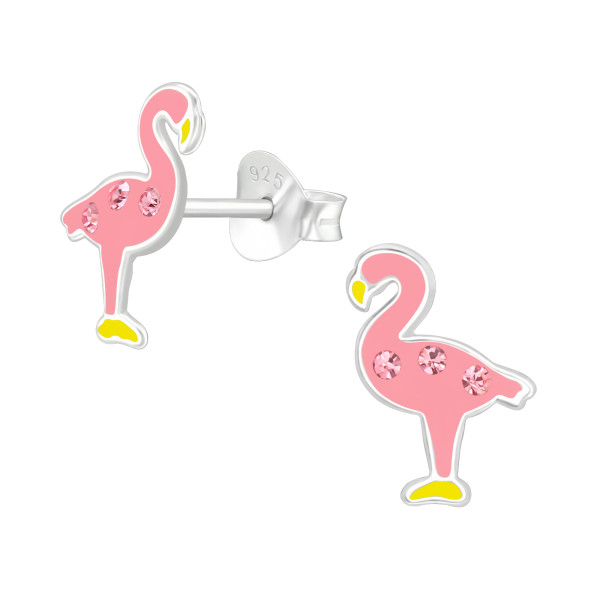 Flamingó színes stift gyermek fülbevaló, 925 ezüst, 1 pár, epoxy, rózsaszín, sárga, kristály köves