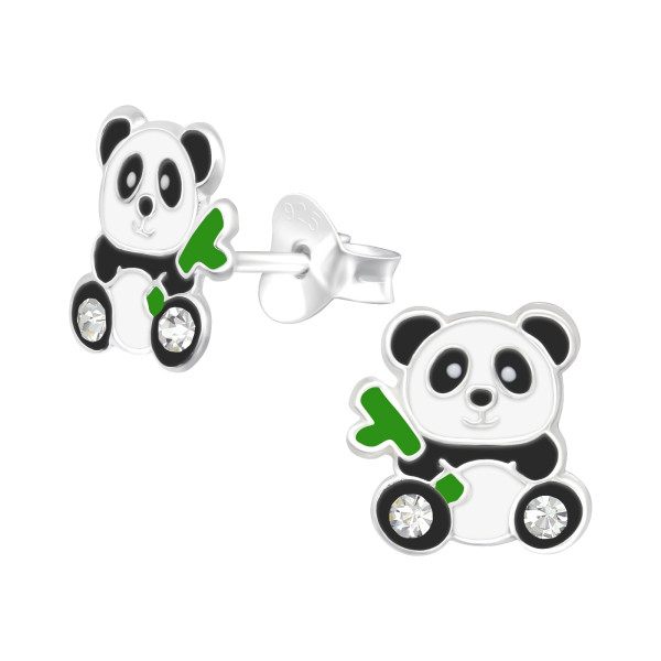 Pandamaci bambusz ággal színes stift gyermek fülbevaló, 925 ezüst, 1 pár, epoxy, fekete, fehér, zöld, kristály köves