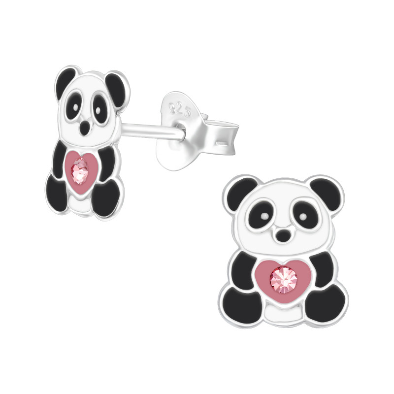 Pandamaci színes stift gyermek fülbevaló, 925 ezüst, 1 pár, epoxy, fekete, fehér, világos rózsaszín, kristály köves