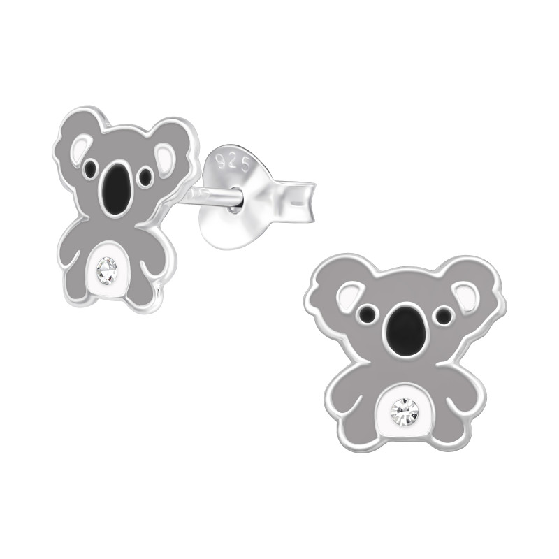 Koala kisfiú kristállyal színes stift gyermek fülbevaló, 925 ezüst, 1 pár, epoxy, fekete, fehér, szürke, kristály köves