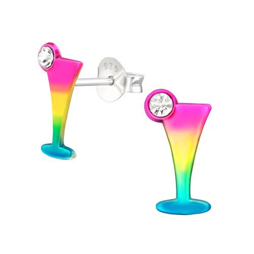 Koktél pohár lányos színes stift gyermek fülbevaló, 925 ezüst, 1 pár, epoxy, szivárvány, kristály köves