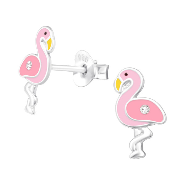 Flamingó lányos színes stift gyermek fülbevaló, 925 ezüst, 1 pár, epoxy, fekete, sárga, rózsaszín, világos , kristály köves