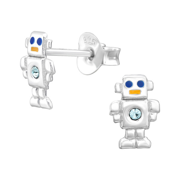 Robot színes stift gyermek fülbevaló, 925 ezüst, 1 pár, epoxy, narancs, dk.blue, kristály köves