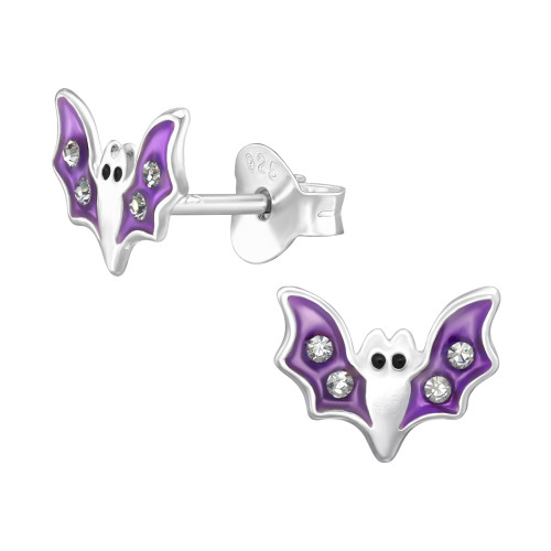 Denevéres lány színes stift gyermek fülbevaló, 925 ezüst, 1 pár, epoxy, fekete, lila, kristály köves