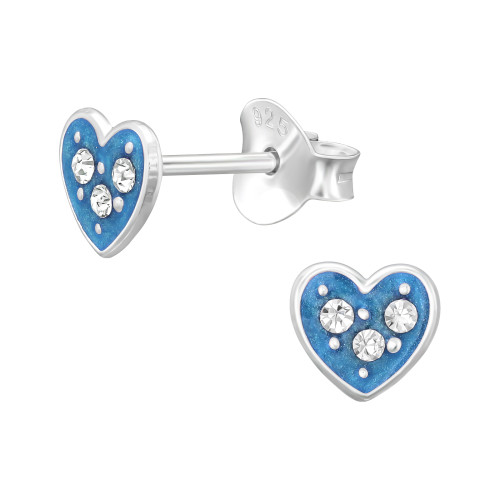 Szív színes stift gyermek fülbevaló, 925 ezüst, 1 pár, epoxy, világoskék, kristály köves