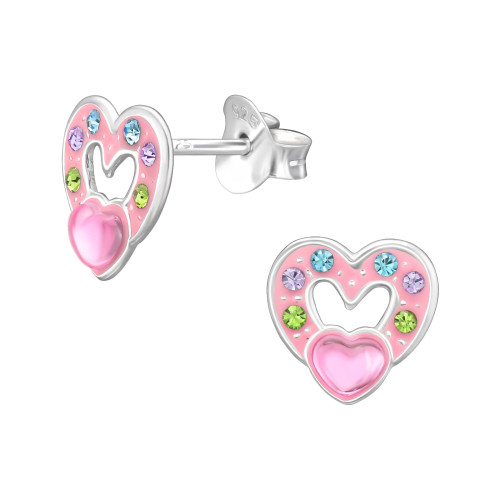 Szív keretes színes stift gyermek fülbevaló, 925 ezüst, 1 pár, epoxy, világos rózsaszín, kristály köves
