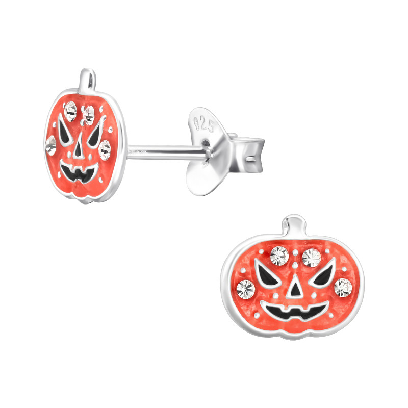 Halloweeni tök színes stift gyermek fülbevaló, 925 ezüst, 1 pár, epoxy, fekete, narancs, kristály köves