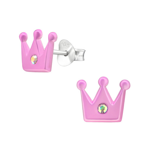 Koronás gyermek ezüst kristály fülbevaló, 1 pár, epoxy, rózsaszín, permet