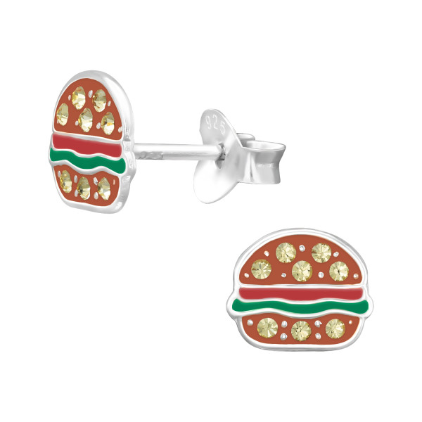 Hamburger gyerek színes stift fülbevaló 925 ezüst , epoxy, zöld, piros, világos barna, kristály köves