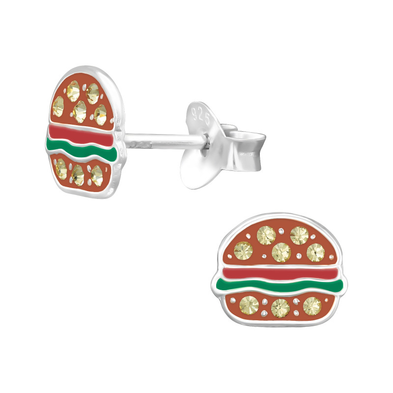 Hamburger gyerek színes stift fülbevaló 925 ezüst , epoxy, zöld, piros, világos barna, kristály köves