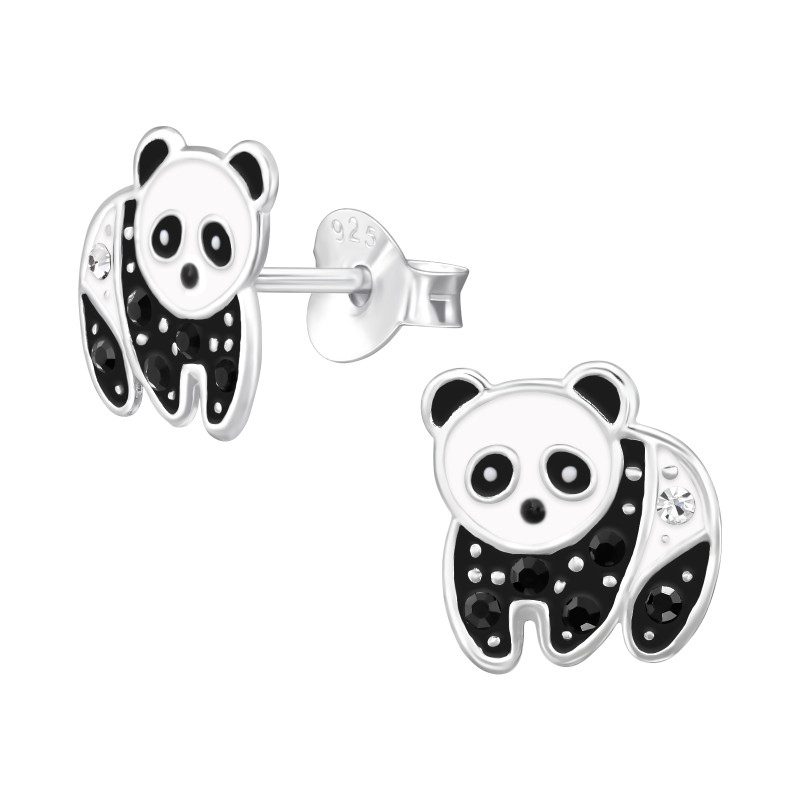 Pandamackó gyerek színes stift fülbevaló 925 ezüst , epoxy, fekete, fehér, kristály köves