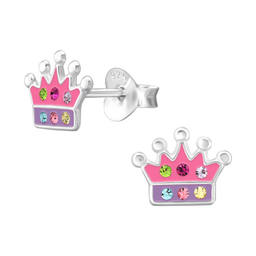 Korona gyerek színes stift fülbevaló 925 ezüst , epoxy, rózsaszín, kristály köves