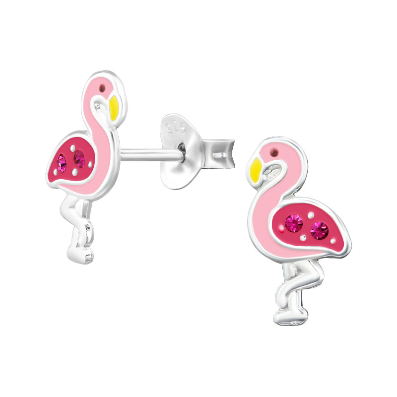 Flamingós gyermek bedugós fülbevaló 925 ezüst - 1 pár, epoxy, fekete, light rózsaszín, sárga, , kristály köves