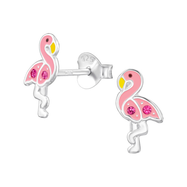 Flamingó gyermek bedugós fülbevaló 925 ezüst - 1 pár, epoxy, fekete, light rózsaszín, sárga, kristály köves