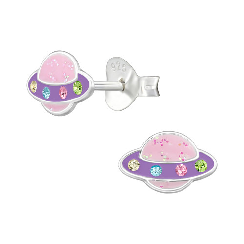Bolygó gyermek bedugós fülbevaló 925 ezüst - 1 pár, epoxy, világos rózsaszín csillogás, lila, kristály köves