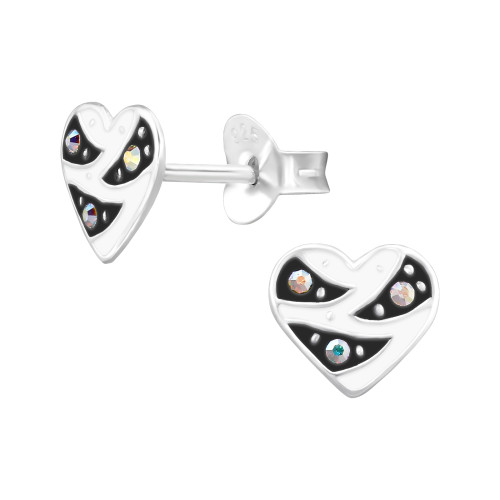 Szív gyermek bedugós fülbevaló 925 ezüst - 1 pár, epoxy, fekete, fehér, kristály köves