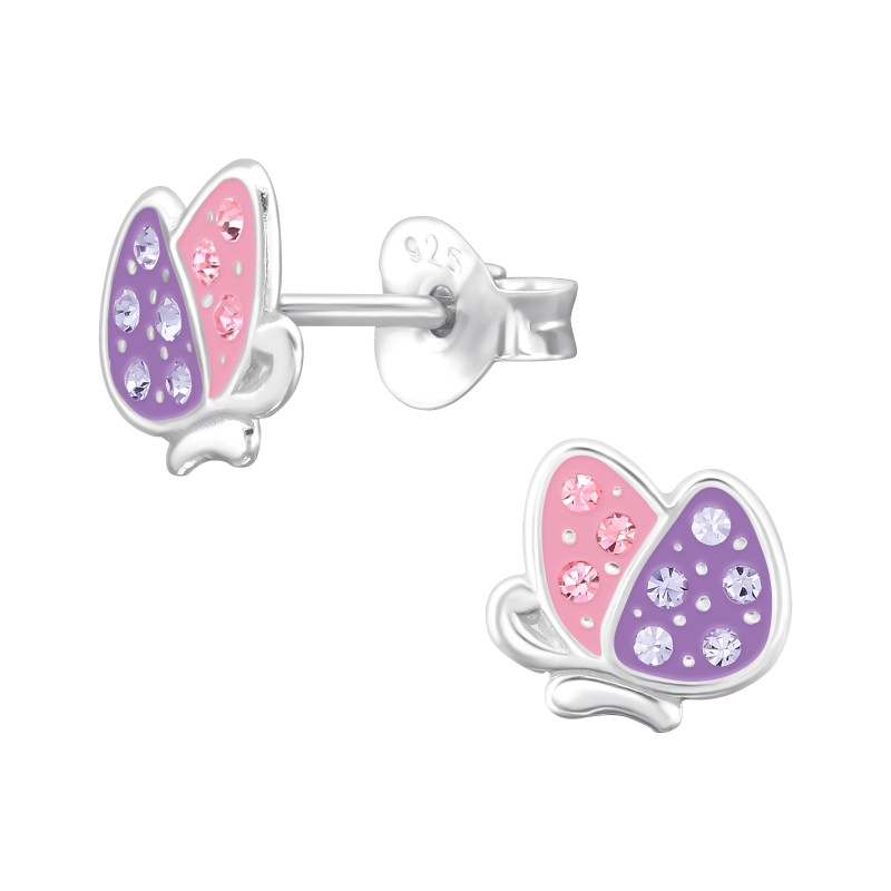 Pink Lila Lepkés gyermek bedugós fülbevaló 925 ezüst - 1 pár, epoxy, rózsaszín, ibolya, kristály köves