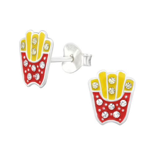 Sültkrumpli gyermek bedugós fülbevaló 925 ezüst - 1 pár, epoxy, piros, sárga, kristály köves