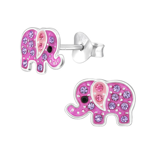 Elefántos gyermek bedugós fülbevaló 925 ezüst - 1 pár, epoxy, rózsaszín, lila, kristály köves