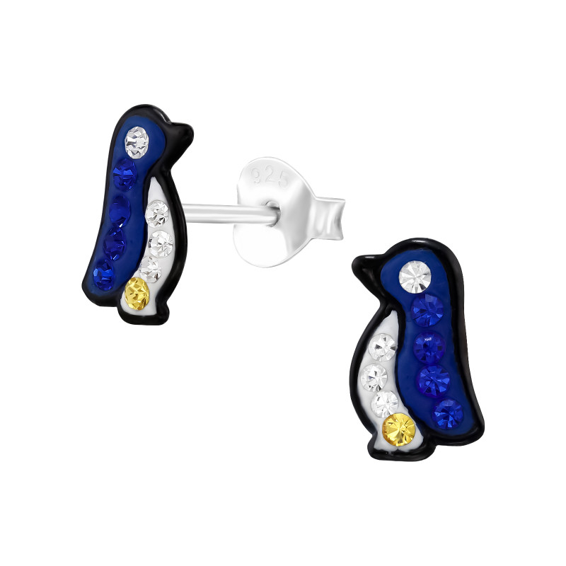 Kék Neon Pingvin gyermek bedugós fülbevaló 925 ezüst - 1 pár, epoxy, fekete, permet, kristály köves