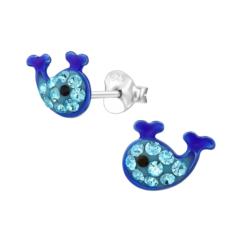 Neon Bálna gyermek bedugós fülbevaló 925 ezüst - 1 pár, epoxy, dk.blue, permet, kristály köves