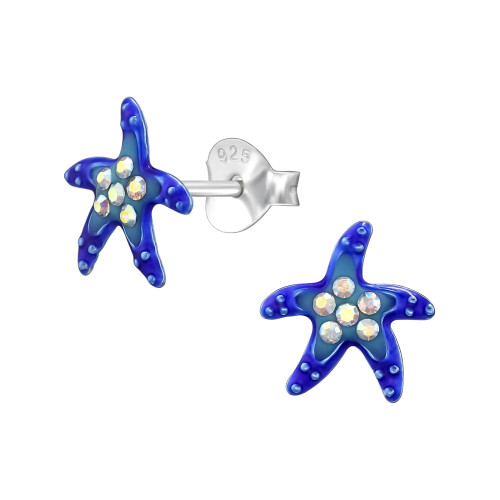 Neon Tengericsillag gyermek bedugós fülbevaló 925 ezüst - 1 pár, epoxy, dk.blue, permet, kristály köves