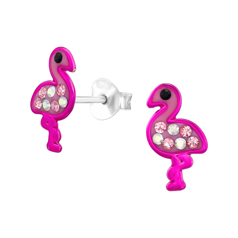 Neon Flamingó gyermek bedugós fülbevaló 925 ezüst - 1 pár, epoxy, sötét rózsaszín, permet, kristály köves