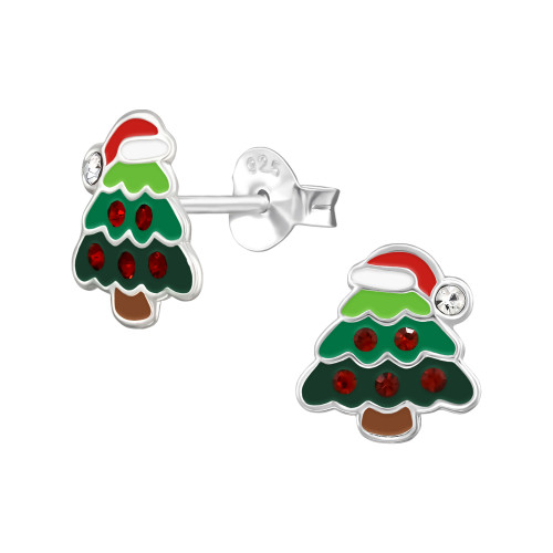 Mikulás Karácsonyfa gyermek bedugós fülbevaló 925 ezüst - 1 pár, epoxy, kristály köves