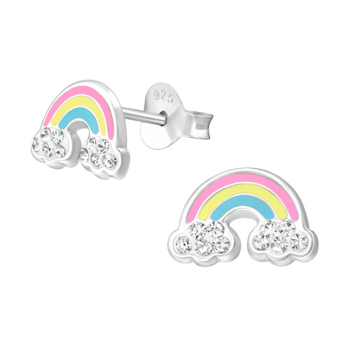 Szivárványos gyermek bedugós fülbevaló 925 ezüst - 1 pár, epoxy, világoskék, light rózsaszín, sárga, kristály köves