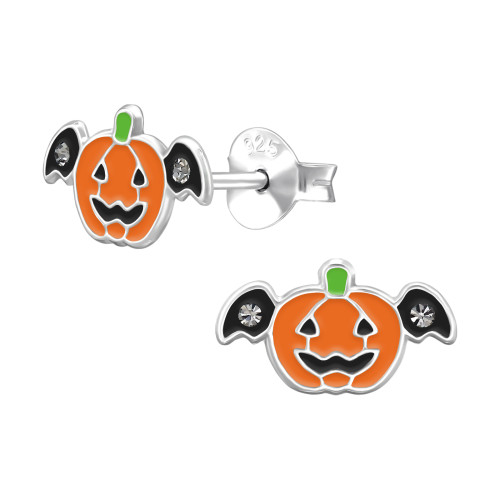 Halloweeni tök ezüst gyerek fülbevaló, epoxy, fekete, narancs, zöld, kristály köves