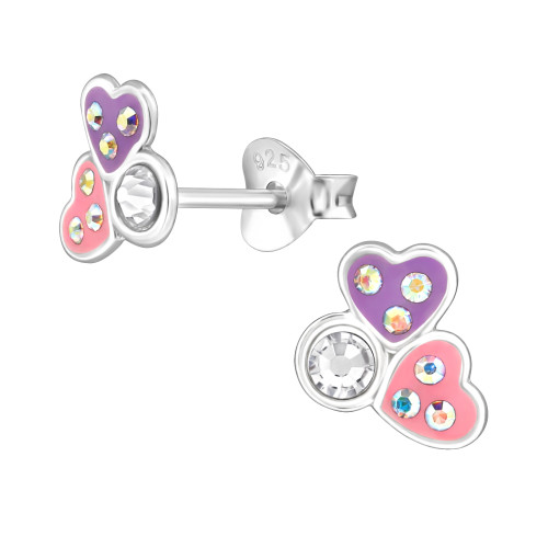 Szív, dupla ezüst gyerek fülbevaló, epoxy, rózsaszín, lila, kristály köves